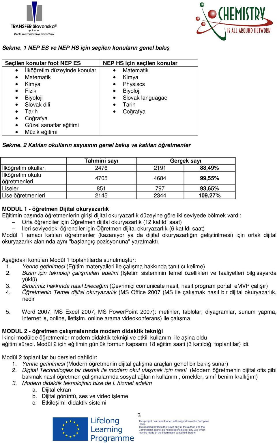 eğitimi NEP HS için seçilen konular Matematik Kimya Physiscs Biyoloji Slovak languagae Tarih Coğrafya  2 Katılan okulların sayısının genel bakış ve katılan öğretmenler Tahmini sayı Gerçek sayı