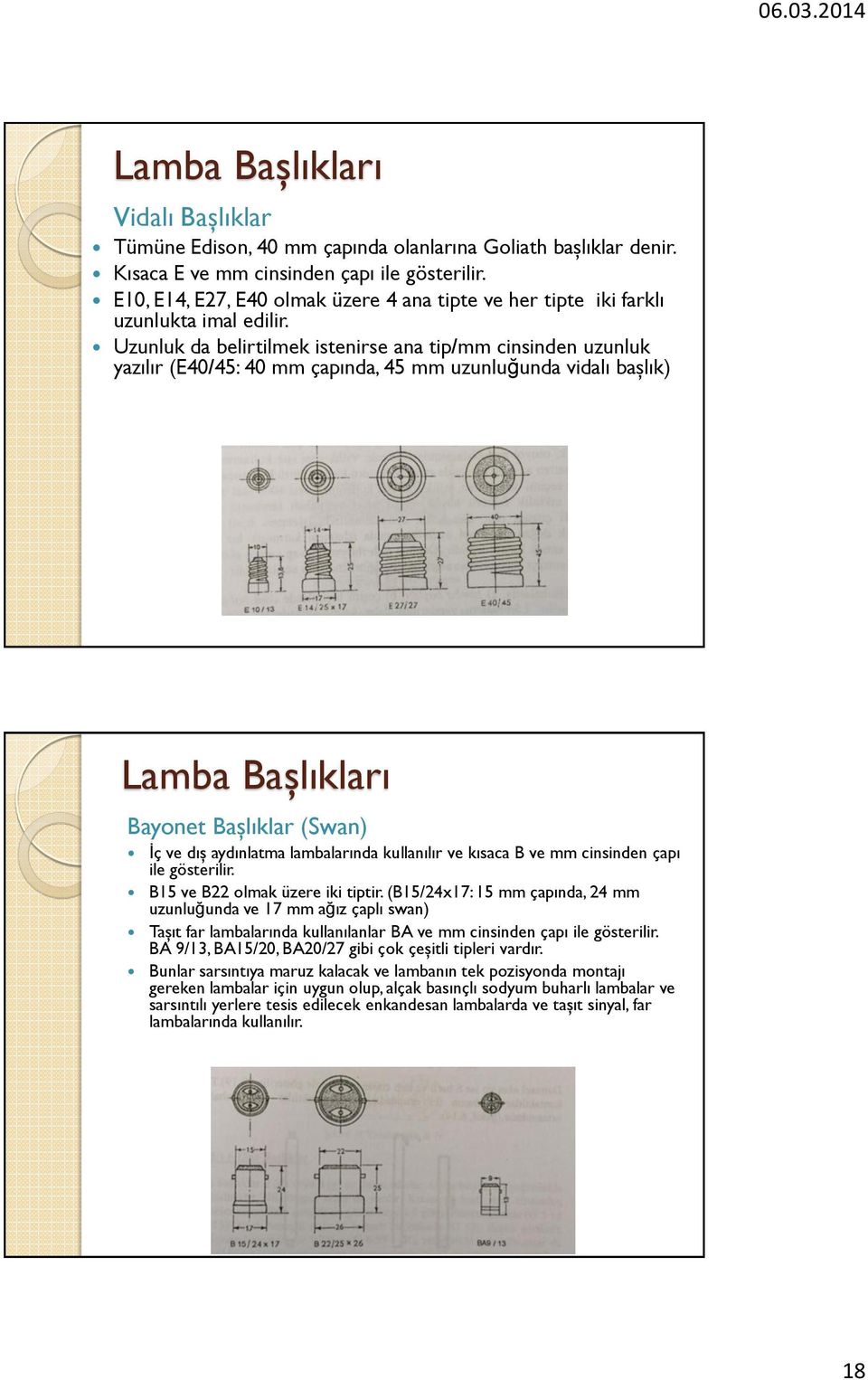 Uzunluk da belirtilmek istenirse ana tip/mm cinsinden uzunluk yazılır (E40/45: 40 mm çapında, 45 mm uzunluğunda vidalı başlık) Lamba Başlıkları Bayonet Başlıklar (Swan) İç ve dış aydınlatma