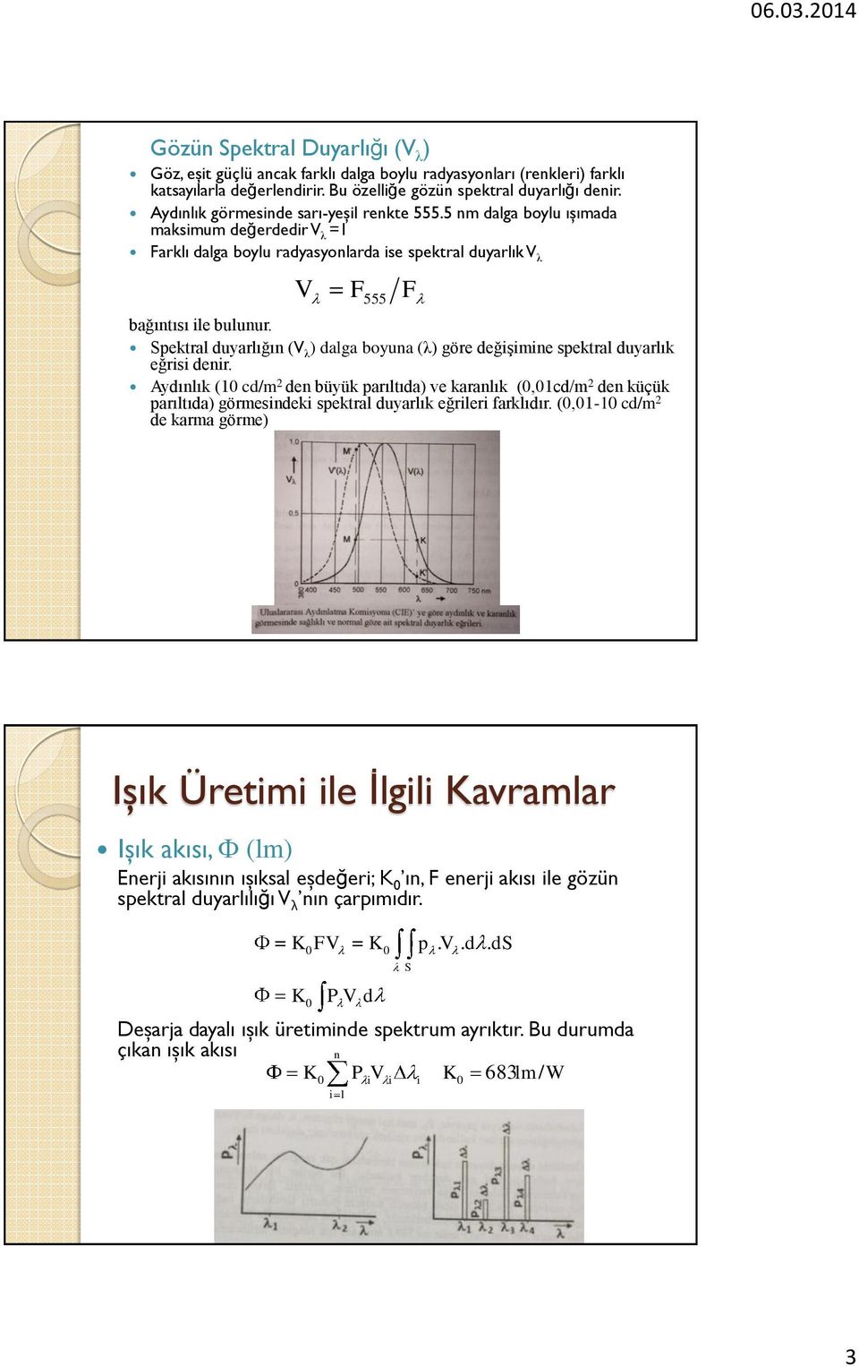 V F 555 Spektral duyarlığın (V λ ) dalga boyuna (λ) göre değişimine spektral duyarlık eğrisi denir.