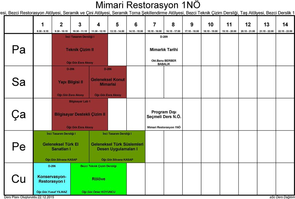 Gör.Esra Aksoy Seçmeli Ders N.Ö. Mimari Restorasyon NÖ İnci Tasarım Dersliği I Geleneksel Türk El natları I Öğr.Gör.Silvana KASAP D-0 Konservasyon- Restorasyon I İnci Tasarım Dersliği I Geleneksel Türk Süslemleri Desen Uygulamaları I Bezci Teknik Çizim Dersliği Rölöve Öğr.