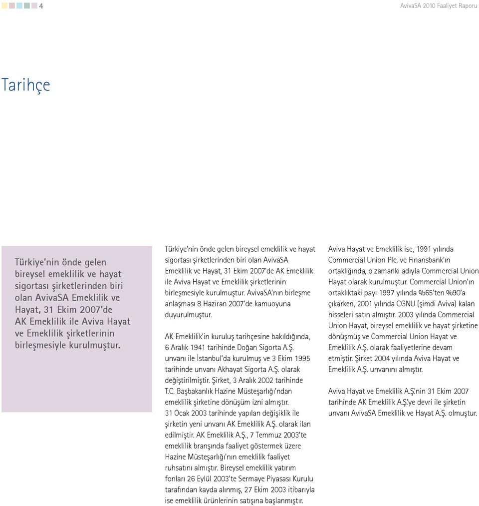 Türkiye nin önde gelen bireysel emeklilik ve hayat sigortası şirketlerinden biri olan AvivaSA Emeklilik ve Hayat, 31 Ekim 2007 de AK Emeklilik ile Aviva Hayat  AvivaSA nın birleşme anlaşması 8
