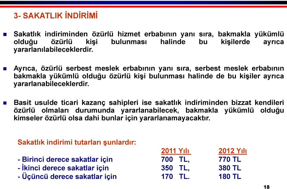 Basit usulde ticari kazanç sahipleri ise sakatlık indiriminden bizzat kendileri özürlü olmaları durumunda yararlanabilecek, bakmakla yükümlü olduğu kimseler özürlü olsa dahi bunlar için