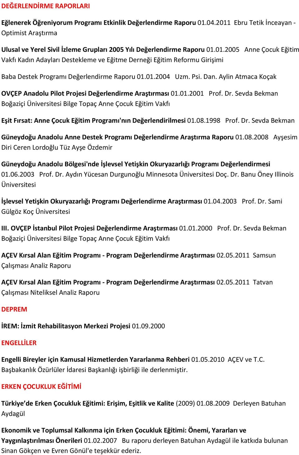 01.2004 Uzm. Psi. Dan. Aylin Atmaca Koçak OVÇEP Anadolu Pilot Projesi Değerlendirme Araştırması 01.01.2001 Prof. Dr. Sevda Bekman Eşit Fırsat: Anne Çocuk Eğitim Programı'nın Değerlendirilmesi 01.08.