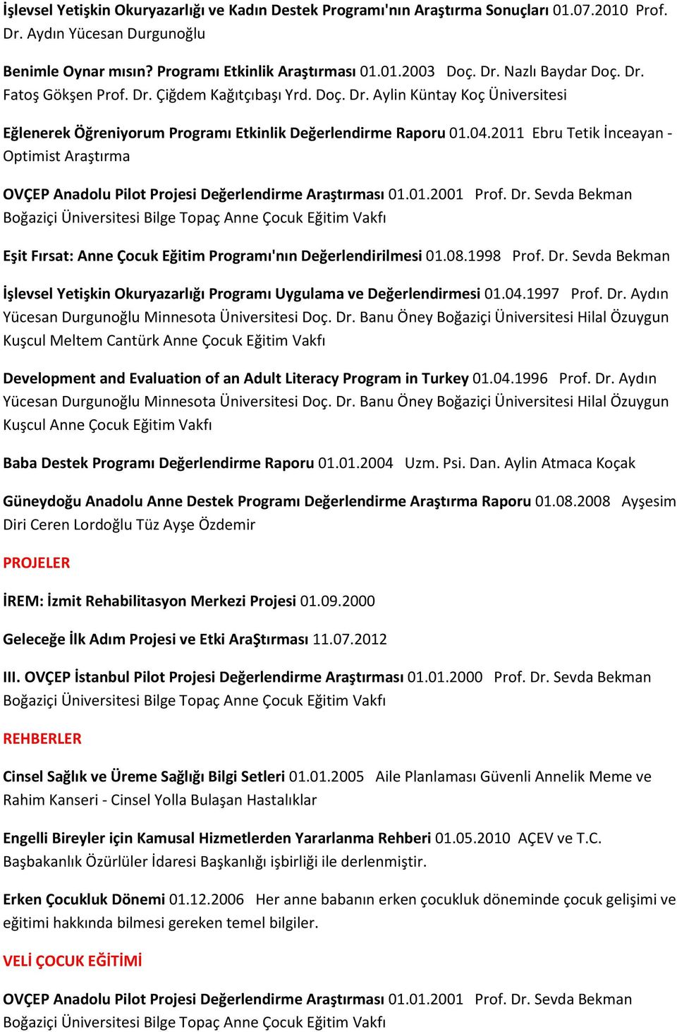 2011 Ebru Tetik İnceayan - Optimist Araştırma OVÇEP Anadolu Pilot Projesi Değerlendirme Araştırması 01.01.2001 Prof. Dr. Sevda Bekman Eşit Fırsat: Anne Çocuk Eğitim Programı'nın Değerlendirilmesi 01.