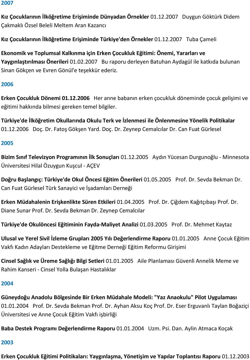 2007 Tuba Çameli Ekonomik ve Toplumsal Kalkınma için Erken Çocukluk Eğitimi: Önemi, Yararları ve Yaygınlaştırılması Önerileri 01.02.