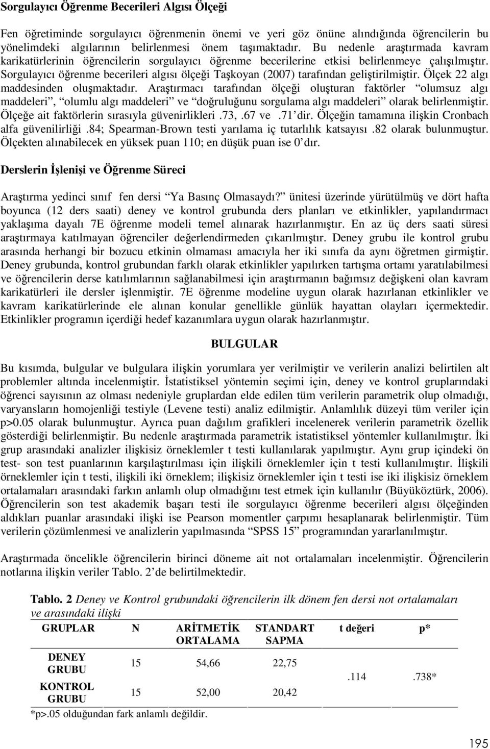 Sorgulayıcı örenme becerileri algısı ölçei Takoyan (2007) tarafından gelitirilmitir. Ölçek 22 algı maddesinden olumaktadır.