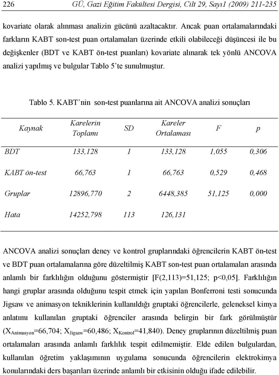 analizi yapılmış ve bulgular Tablo 5 