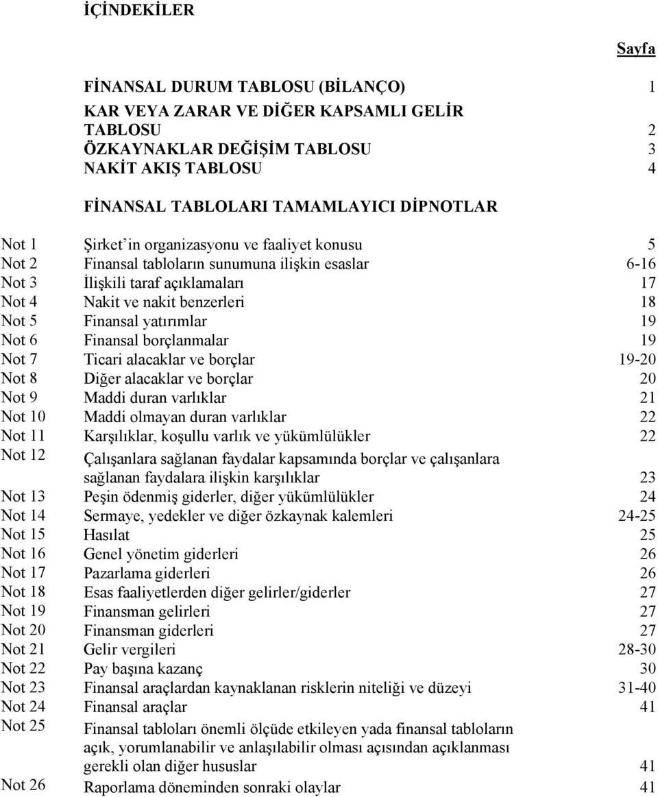 19 Not 70 Ticari alacaklar ve borçlar 19-20 Not 80 Diğer alacaklar ve borçlar 20 Not 90 Maddi duran varlıklar 21 Not 10 Maddi olmayan duran varlıklar 22 Not 11 Karşılıklar, koşullu varlık ve