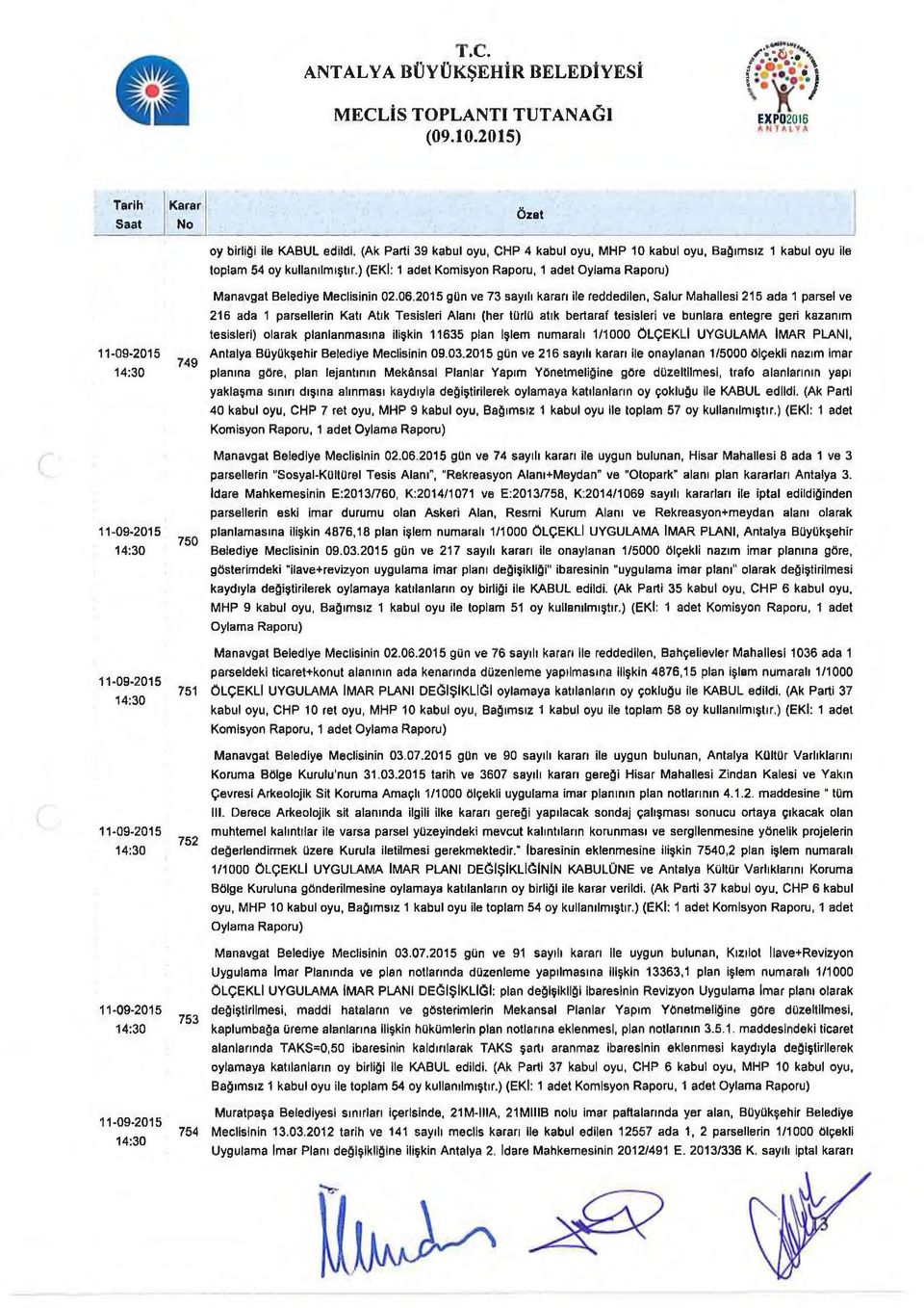 2015 gün ve 73 sayılı kararı ile reddedilen, Salur Mahallesi 215 ada 1 parsel ve 216 ada 1 parsellerin Katı Atık Tesisleri Alanı (her türlü atık bertaraf tesisleri ve bunlara entegre geri kazanım