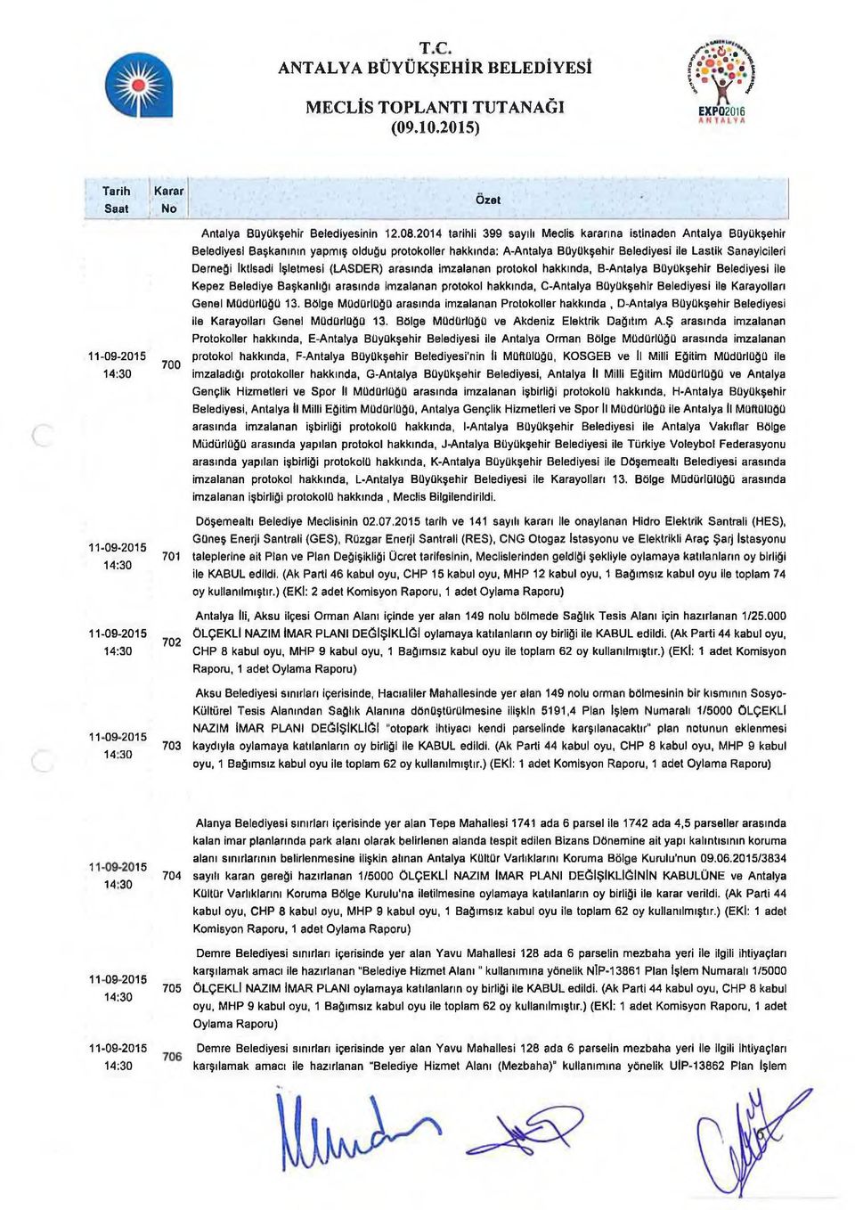 İşletmesi (LASDER) arasında imzalanan protokol hakkında, B-Antalya Büyükşehir Belediyesi ile Kepez Belediye Başkanlığı arasında imzalanan protokol hakkında, C-Antalya Büyükşehir Belediyesi ile