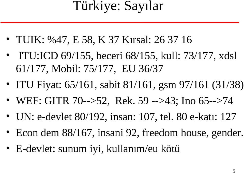 (31/38) WEF: GITR 70-->52, Rek. 59 -->43; Ino 65-->74 UN: e-devlet 80/192, insan: 107, tel.