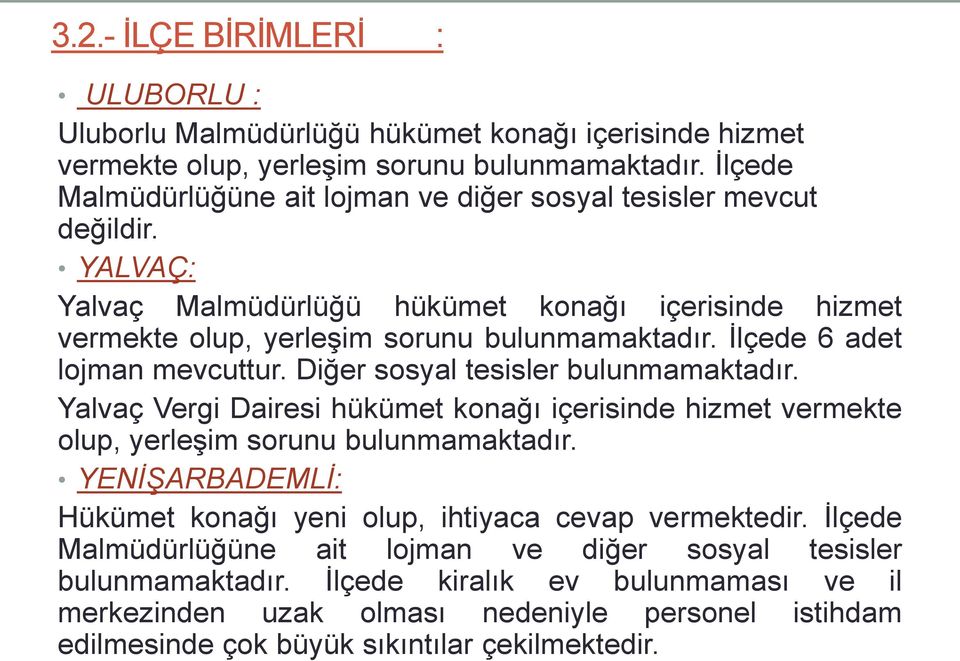 Ġlçede 6 adet lojman mevcuttur. Diğer sosyal tesisler bulunmamaktadır. Yalvaç Vergi Dairesi hükümet konağı içerisinde hizmet vermekte olup, yerleģim sorunu bulunmamaktadır.