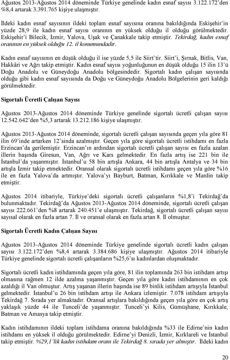Eskişehir i Bilecik, İzmir, Yalova, Uşak ve Çanakkale takip etmiştir. Tekirdağ, kadın esnaf oranının en yüksek olduğu 12. il konumundadır.