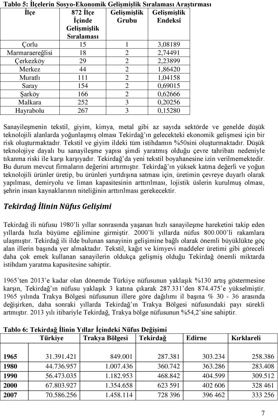 gibi az sayıda sektörde ve genelde düşük teknolojili alanlarda yoğunlaşmış olması Tekirdağ ın gelecekteki ekonomik gelişmesi için bir risk oluşturmaktadır.