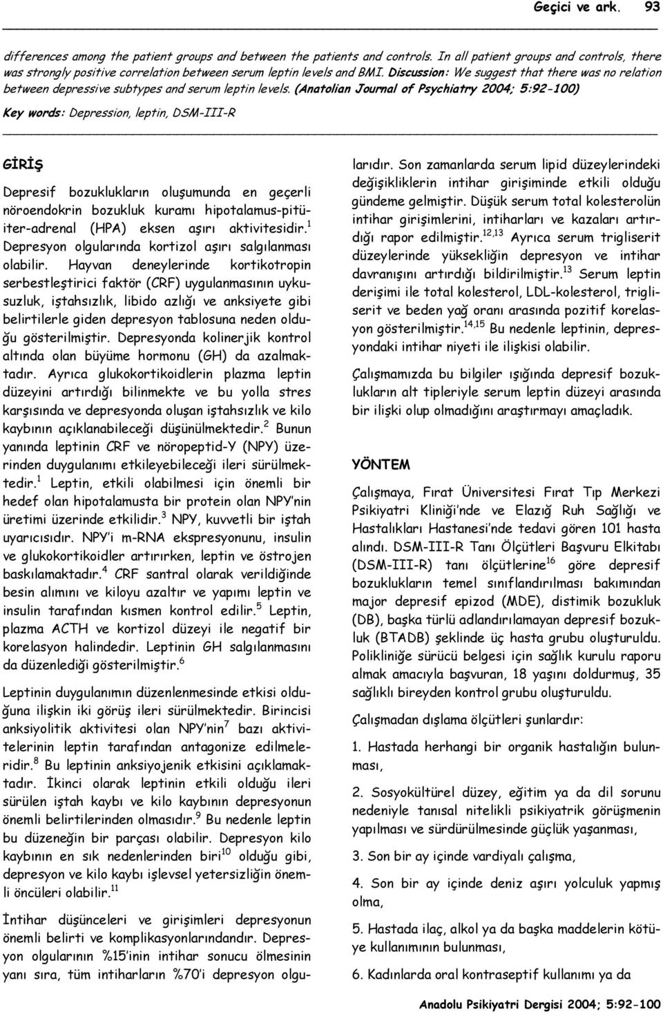 Discussion: We suggest that there was no relation between depressive subtypes and serum leptin levels.