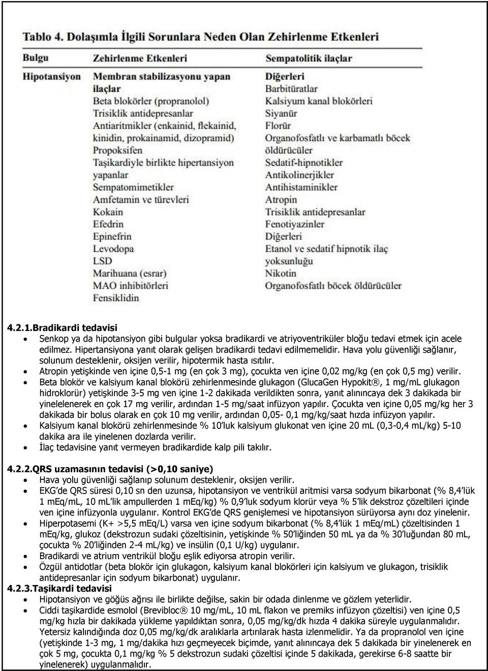 Atropin yetişkinde ven içine 0,5-1 mg (en çok 3 mg), çocukta ven içine 0,02 mg/kg (en çok 0,5 mg) verilir.