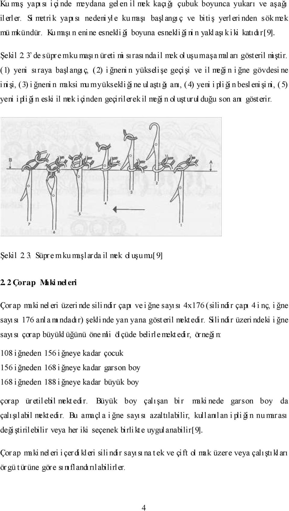 (1) yeni sıraya başlangıç, (2) i ğneni n yükselişe geçişi ve il meği n i ğne gövdesi ne inişi, (3) i ğneni n maksi mu m yüksekli ği ne ul aştığı anı, (4) yeni i pli ği n beslenişi ni, (5) yeni ipliği