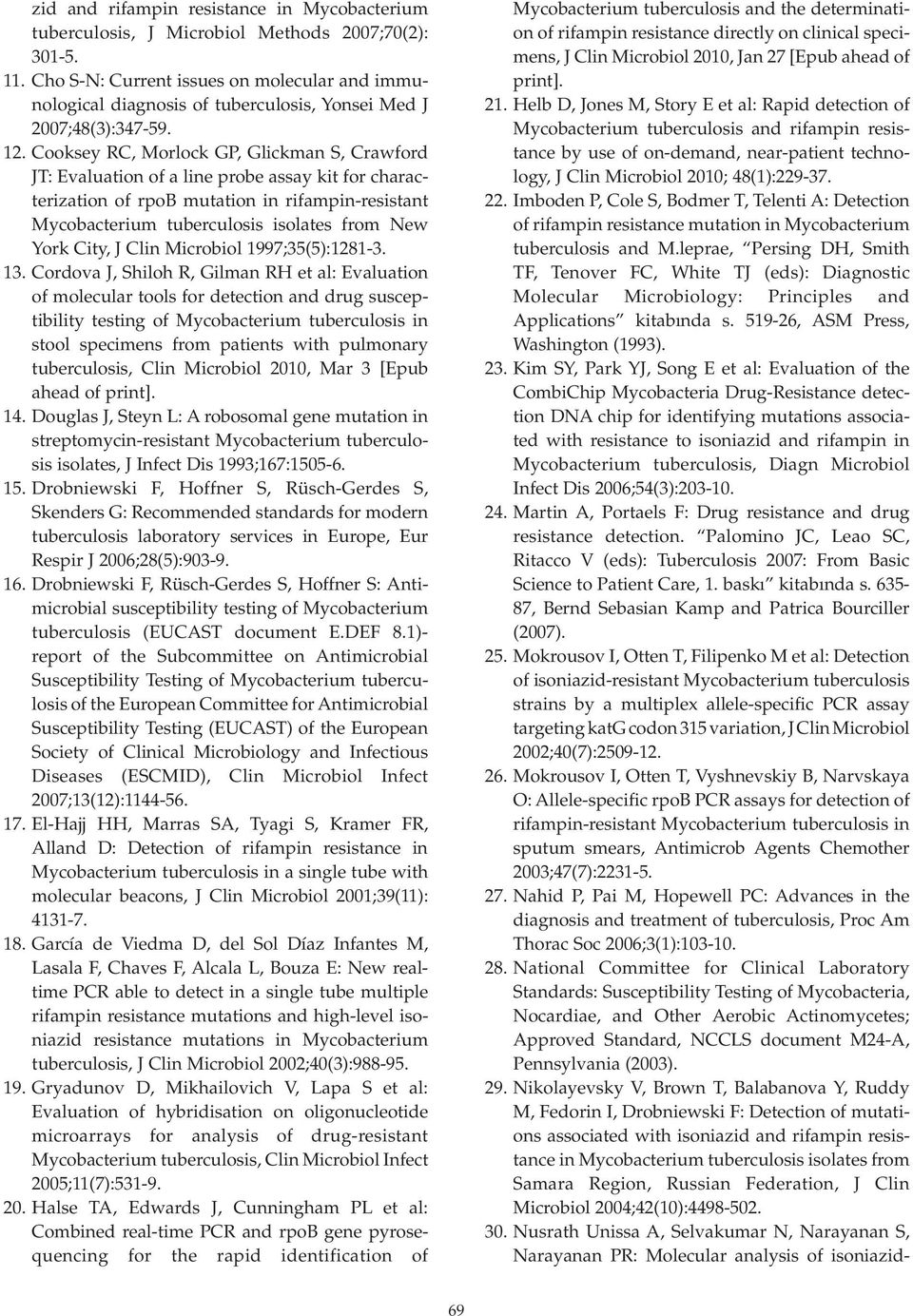 Cooksey RC, Morlock GP, Glickman S, Crawford JT: Evaluation of a line probe assay kit for characterization of rpob mutation in rifampin-resistant Mycobacterium tuberculosis isolates from New York