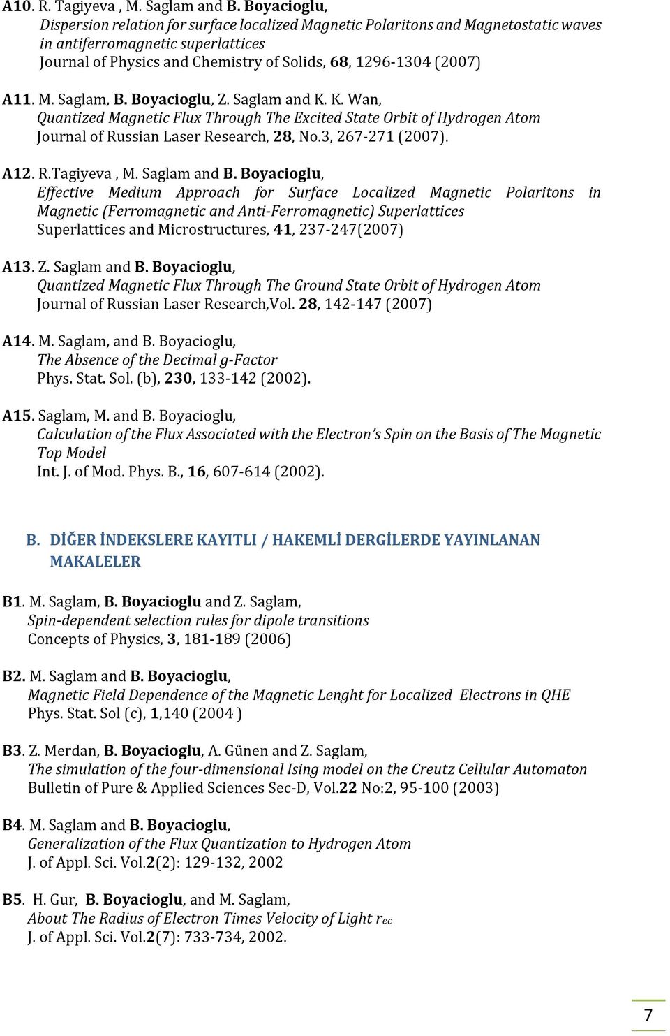 M. Saglam, B. Boyacioglu, Z. Saglam and K. K. Wan, Quantized Magnetic Flux Through The Excited State Orbit of Hydrogen Atom Journal of Russian Laser Research, 28, No.3, 267-27 (2007). A2. R.Tagiyeva, M.