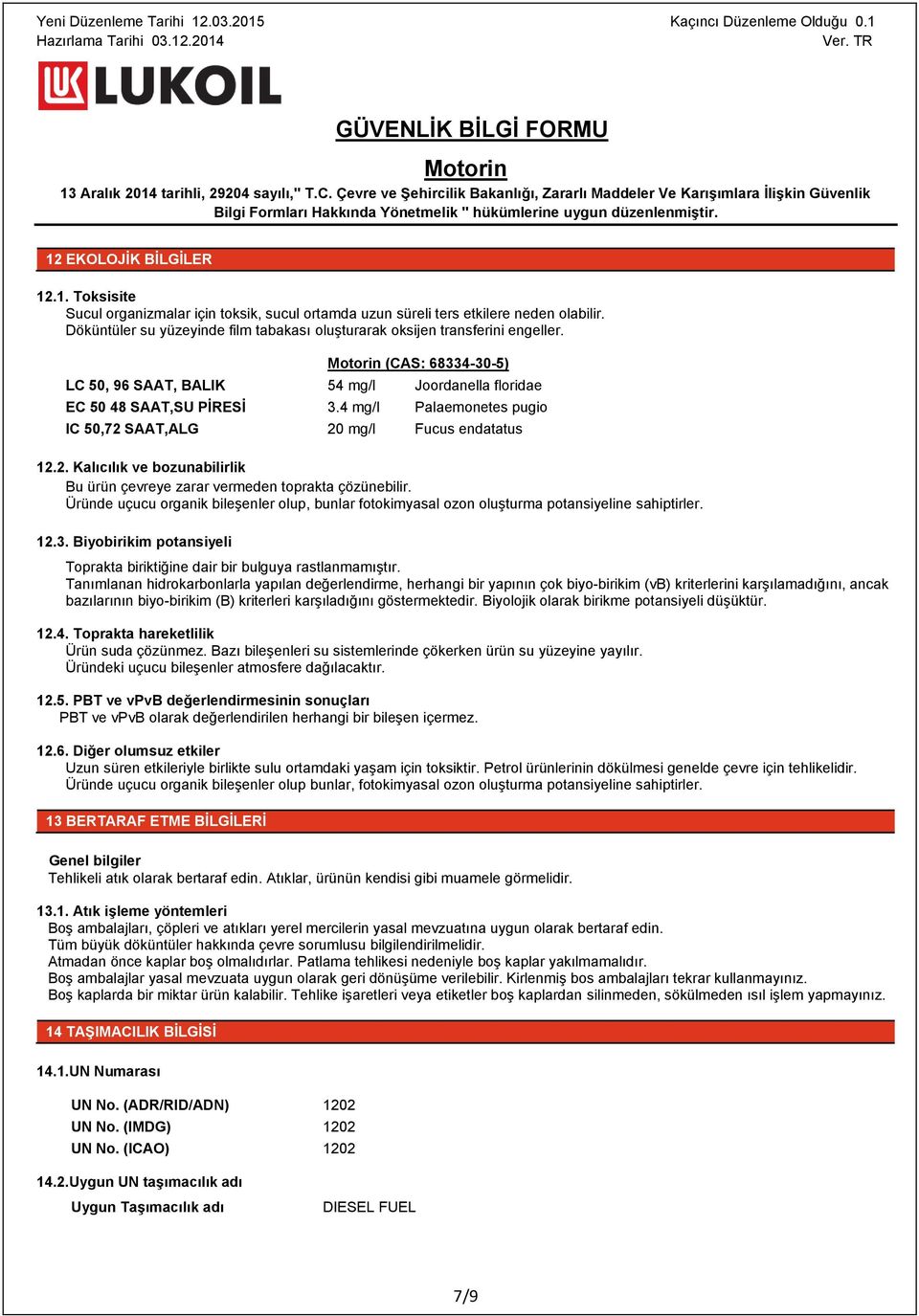 4 mg/l Palaemonetes pugio IC 50,72 SAAT,ALG 20 mg/l Fucus endatatus 12.2. Kalıcılık ve bozunabilirlik Bu ürün çevreye zarar vermeden toprakta çözünebilir.