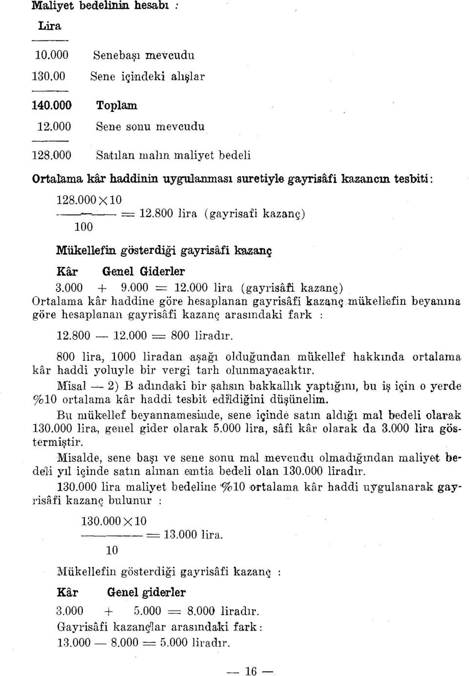 000 lira (gayrisafi kazanç) Ortalama kar haddine göre hesaplanan gayrisafi kazanç mükeuefin beyanına göre hesaplanan gayrisafi kazanç arasındaki fark 12.800-12.000 = 800 liradır.