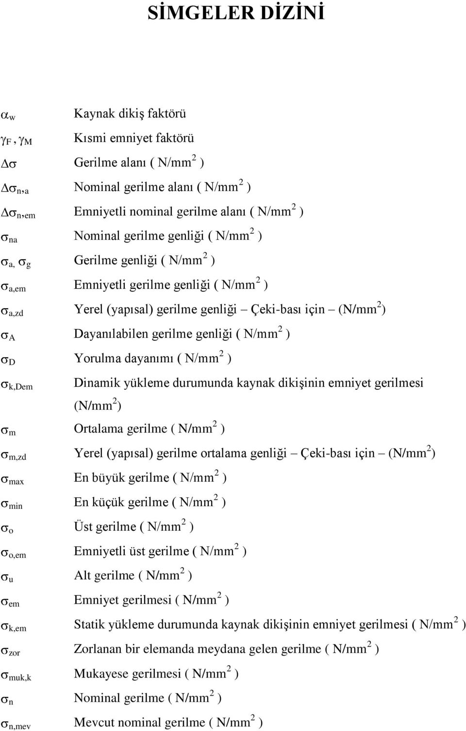 Yorulma dayanımı ( N/mm 2 ) k,dem Dinamik yükleme durumunda kaynak dikişinin emniyet gerilmesi (N/mm 2 ) m Ortalama gerilme ( N/mm 2 ) m,zd Yerel (yapısal) gerilme ortalama genliği Çeki-bası için