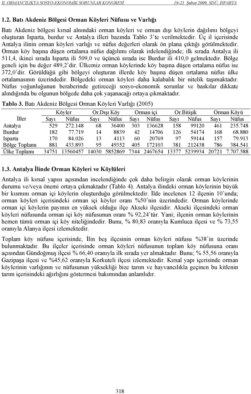 köy başına düşen ortalama nüfus dağılımı olarak irdelendiğinde; ilk sırada Antalya ili 511,4, ikinci sırada Isparta ili 509,0 ve üçüncü sırada ise Burdur ili 410,0 gelmektedir.