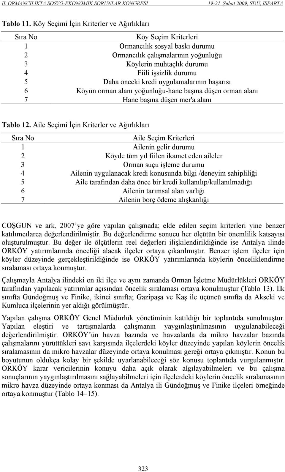 uygulamalarının başarısı 6 Köyün orman alanı yoğunluğu-hane başına düşen orman alanı 7 Hane başına düşen mer'a alanı Tablo 12.