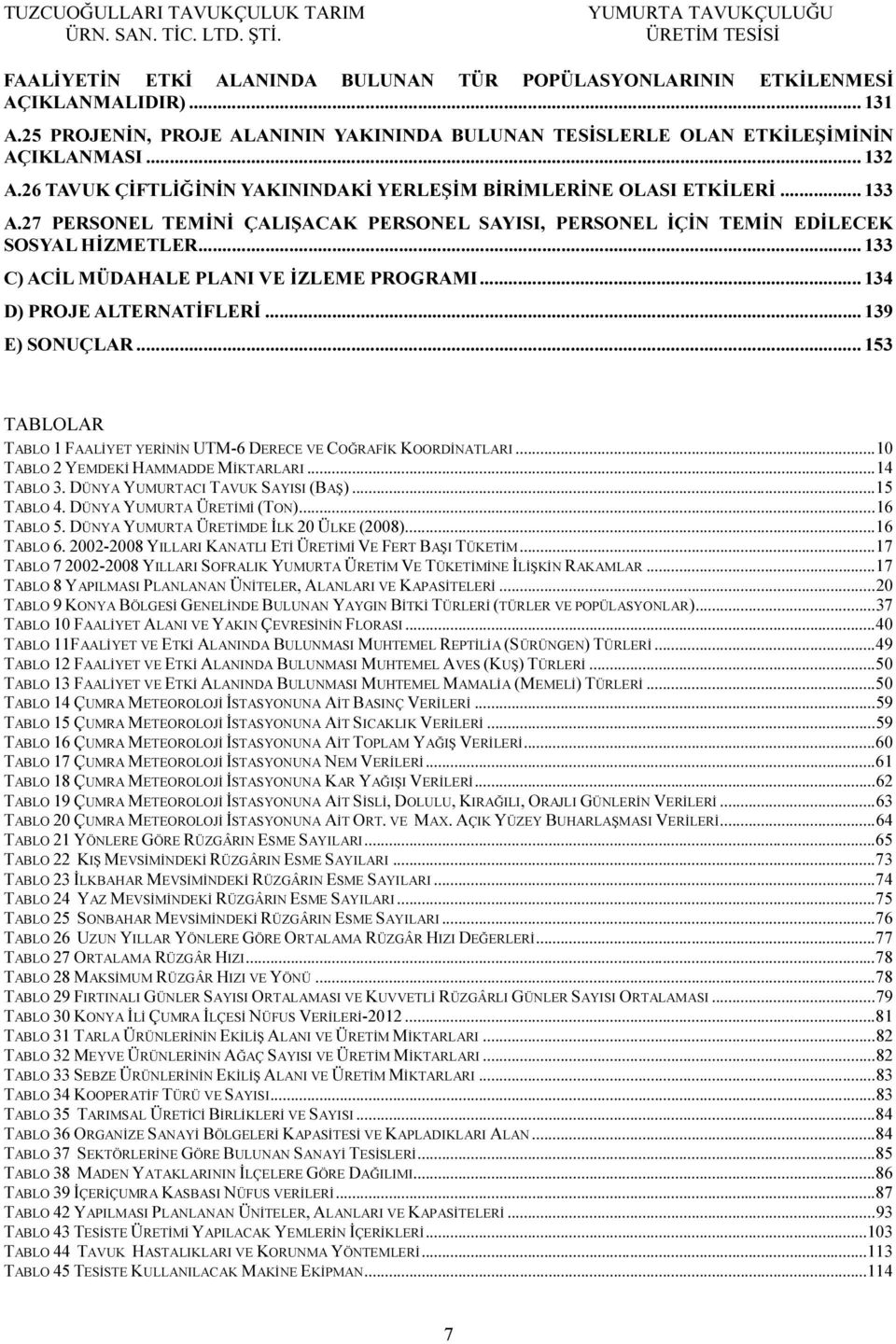 .. 133 C) ACİL MÜDAHALE PLANI VE İZLEME PROGRAMI... 134 D) PROJE ALTERNATİFLERİ... 139 E) SONUÇLAR... 153 TABLOLAR TABLO 1 FAALİYET YERİNİN UTM-6 DERECE VE COĞRAFİK KOORDİNATLARI.