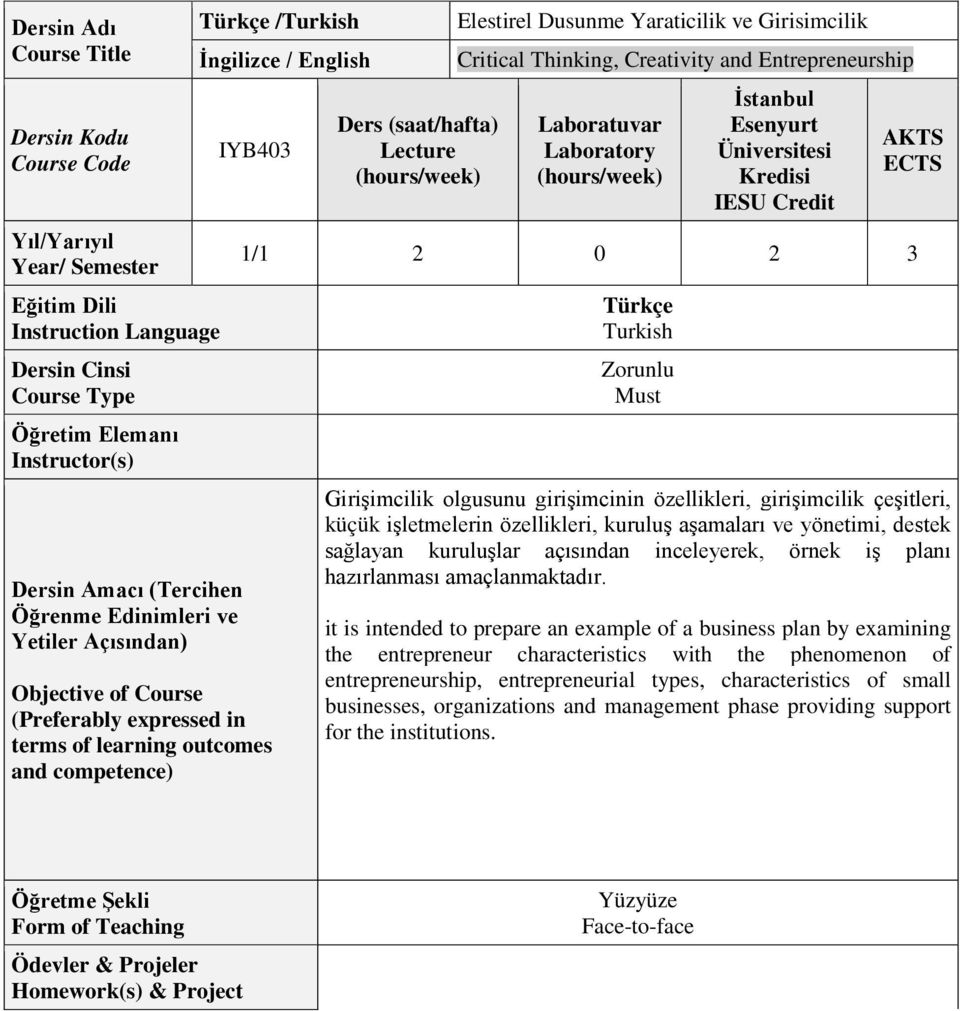Dusunme Yaraticilik ve Girisimcilik Critical Thinking, Creativity and Entrepreneurship Laboratuvar Laboratory İstanbul Esenyurt Üniversitesi Kredisi IESU Credit AKTS ECTS 1/1 2 0 2 3 Türkçe Turkish