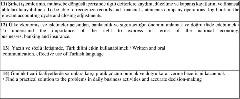 12) Ülke ekonomisi ve işletmeler açısından, bankacılık ve sigortacılığın önemini anlamak ve doğru ifade edebilmek / To understand the importance of the right to express in terms of the national