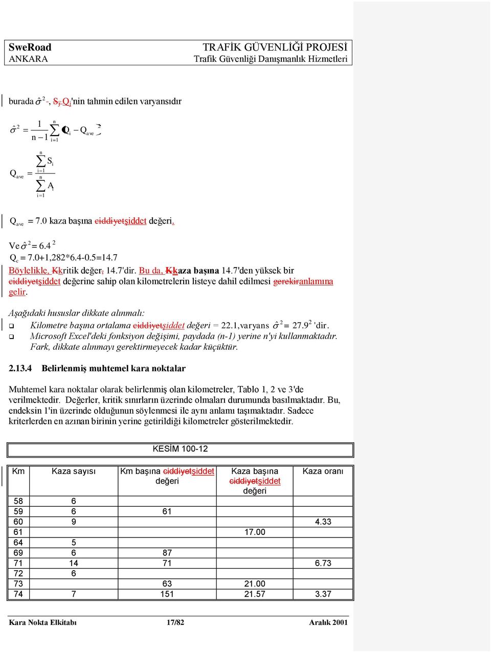 Aşağıdaki hususlar dikkate alınmalı: 2 Kilometre başına ortalama ciddiyetşiddet değeri = 22.1,varyans ˆ = 27.9 2 'dir.