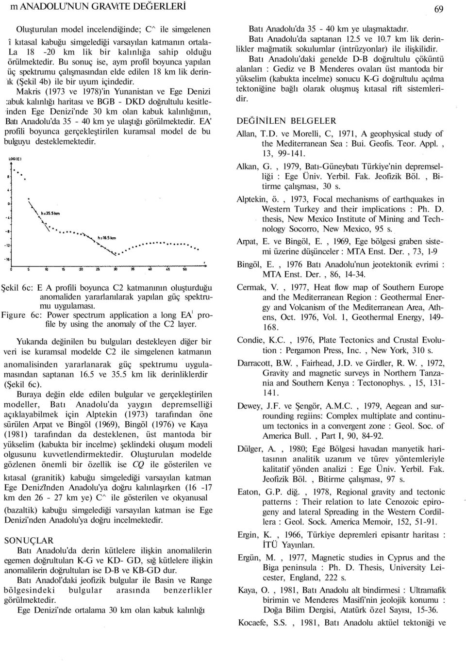 Makris (1973 ve 1978)'in Yunanistan ve Ege Denizi :abuk kalınlığı haritası ve BGB - DKD doğrultulu kesitleinden Ege Denizi'nde 30 km olan kabuk kalınlığının, Batı Anadolu'da 35-40 km ye ulaştığı