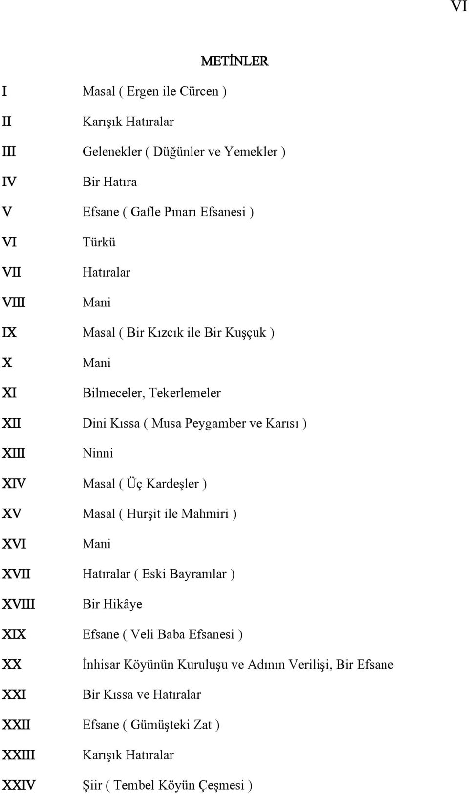 Masal ( Üç Kardeşler ) XV Masal ( Hurşit ile Mahmiri ) XVI Mani XVII Hatıralar ( Eski Bayramlar ) XVIII Bir Hikâye XIX Efsane ( Veli Baba Efsanesi ) XX XXI