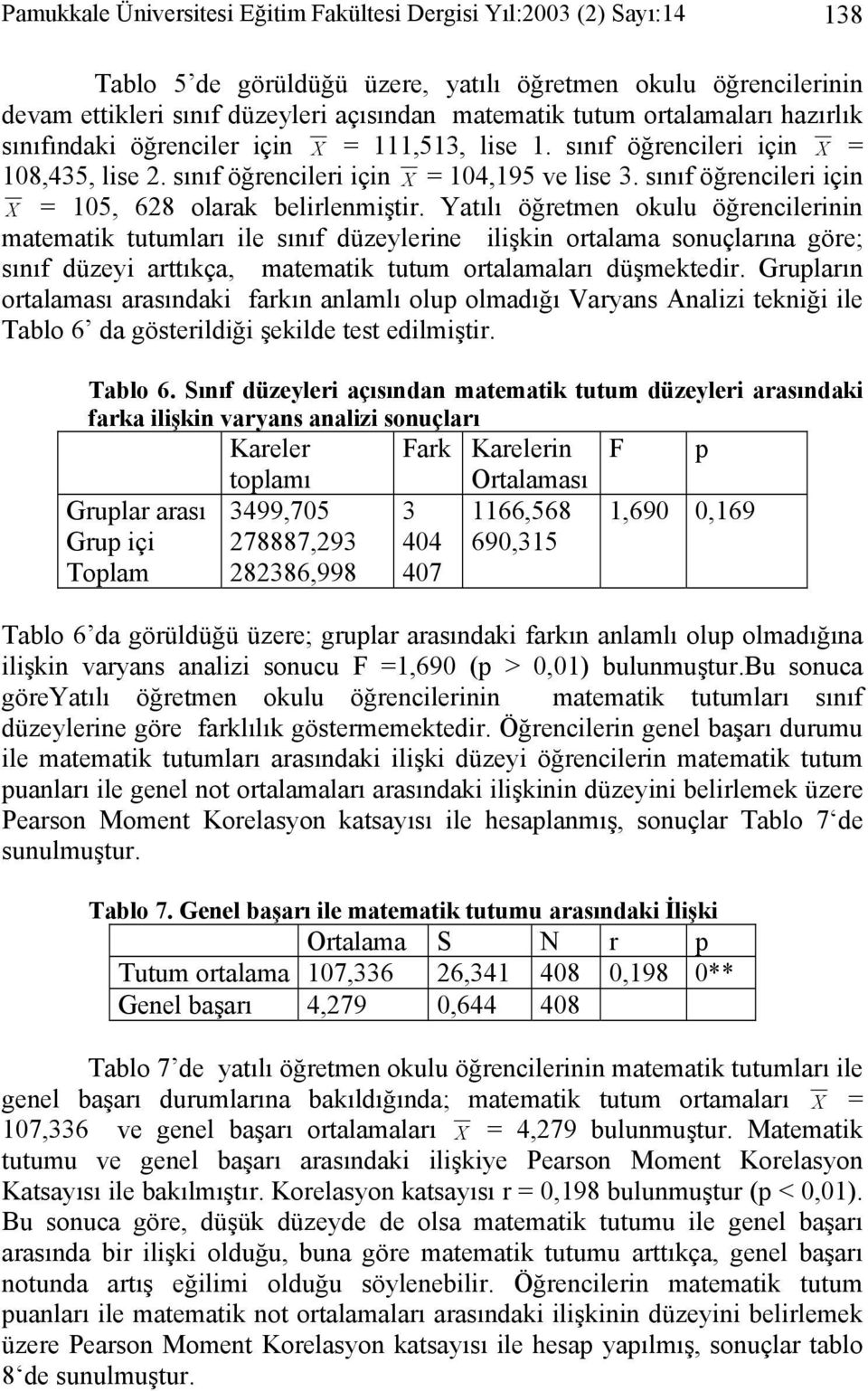 sınıf öğrencileri için X = 105, 628 olarak belirlenmiştir.