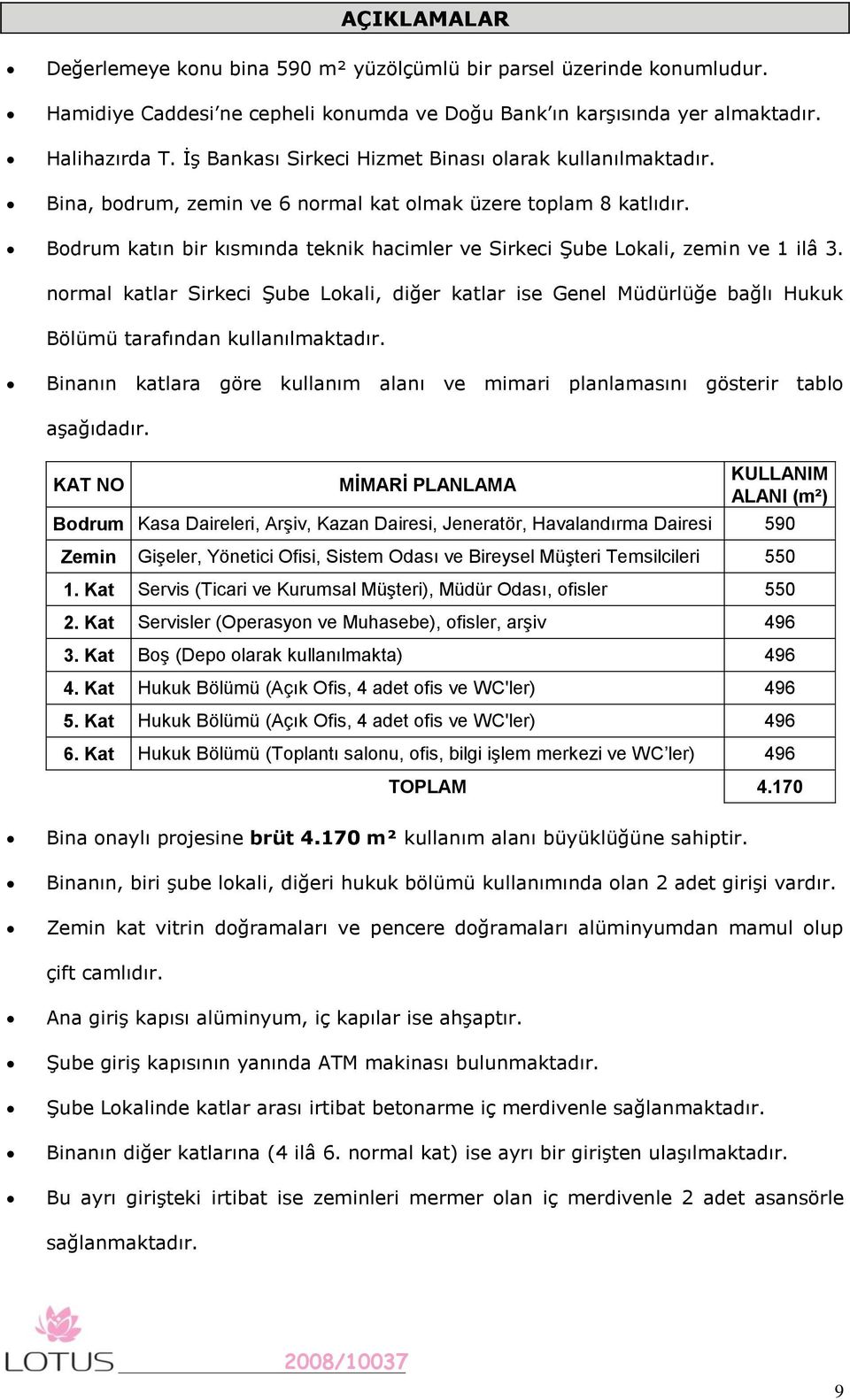 Bodrum katın bir kısmında teknik hacimler ve Sirkeci Şube Lokali, zemin ve 1 ilâ 3. normal katlar Sirkeci Şube Lokali, diğer katlar ise Genel Müdürlüğe bağlı Hukuk Bölümü tarafından kullanılmaktadır.