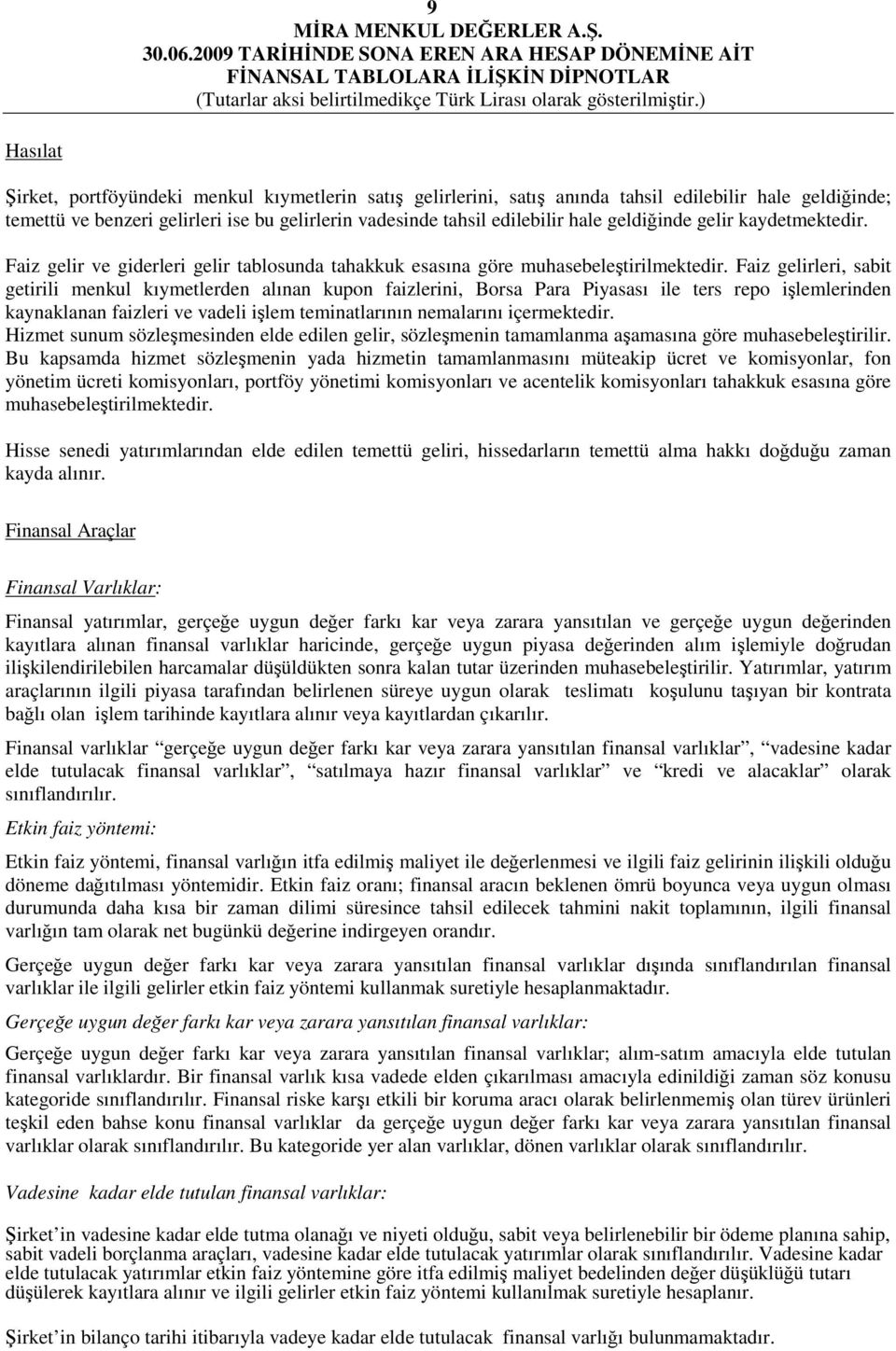 Faiz gelirleri, sabit getirili menkul kıymetlerden alınan kupon faizlerini, Borsa Para Piyasası ile ters repo işlemlerinden kaynaklanan faizleri ve vadeli işlem teminatlarının nemalarını içermektedir.