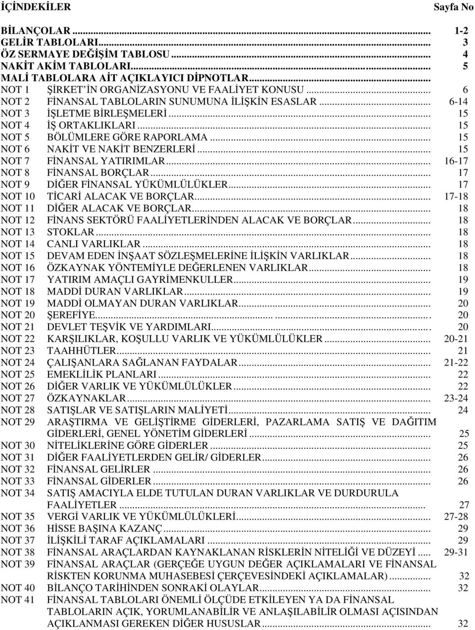 .. 15 NOT 5 BÖLÜMLERE GÖRE RAPORLAMA... 15 NOT 6 NAKİT VE NAKİT BENZERLERİ... 15 NOT 7 FİNANSAL YATIRIMLAR... 16-17 NOT 8 FİNANSAL BORÇLAR... 17 NOT 9 DİĞER FİNANSAL YÜKÜMLÜLÜKLER.