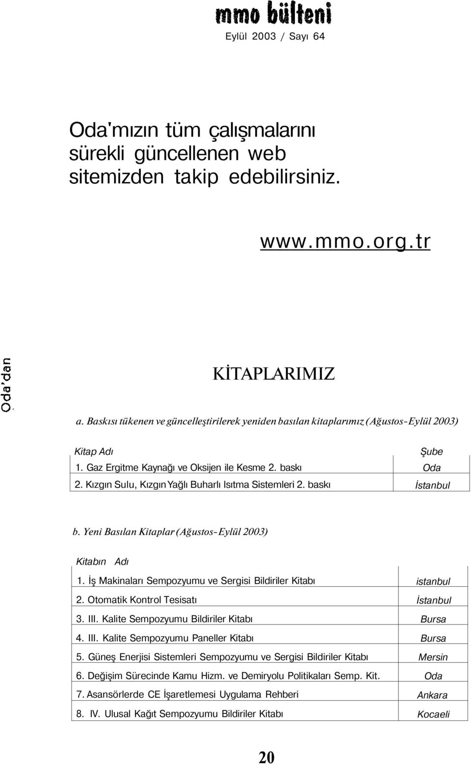 Kızgın Sulu, Kızgın Yağlı Buharlı Isıtma Sistemleri 2. baskı Şube Oda b. Yeni Basılan Kitaplar (Ağustos-Eylül 2003) Kitabın Adı 1. İş Makinaları Sempozyumu ve Sergisi Bildiriler Kitabı 2.