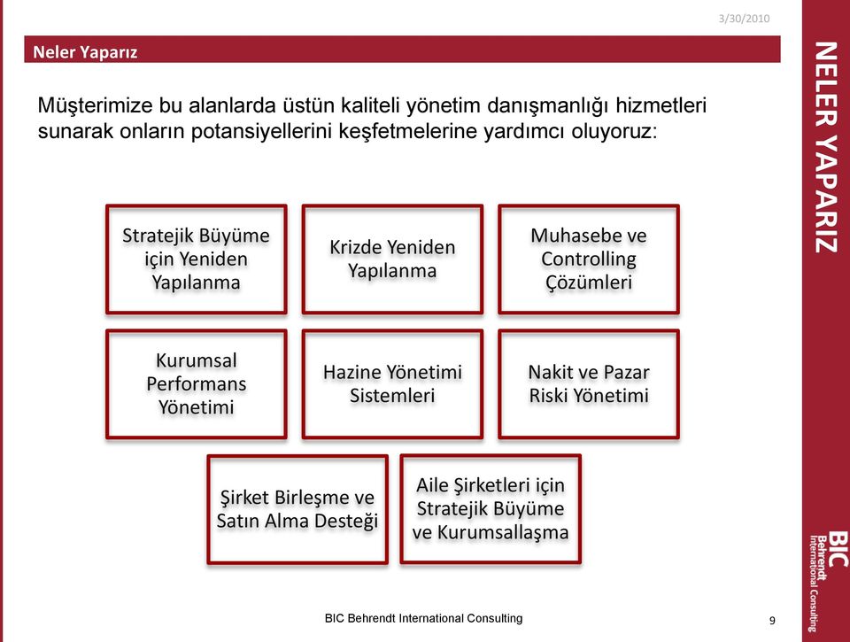 Yapılanma Muhasebe ve Controlling Çözümleri NELER YAPARIZ Kurumsal Performans Yönetimi Hazine Yönetimi