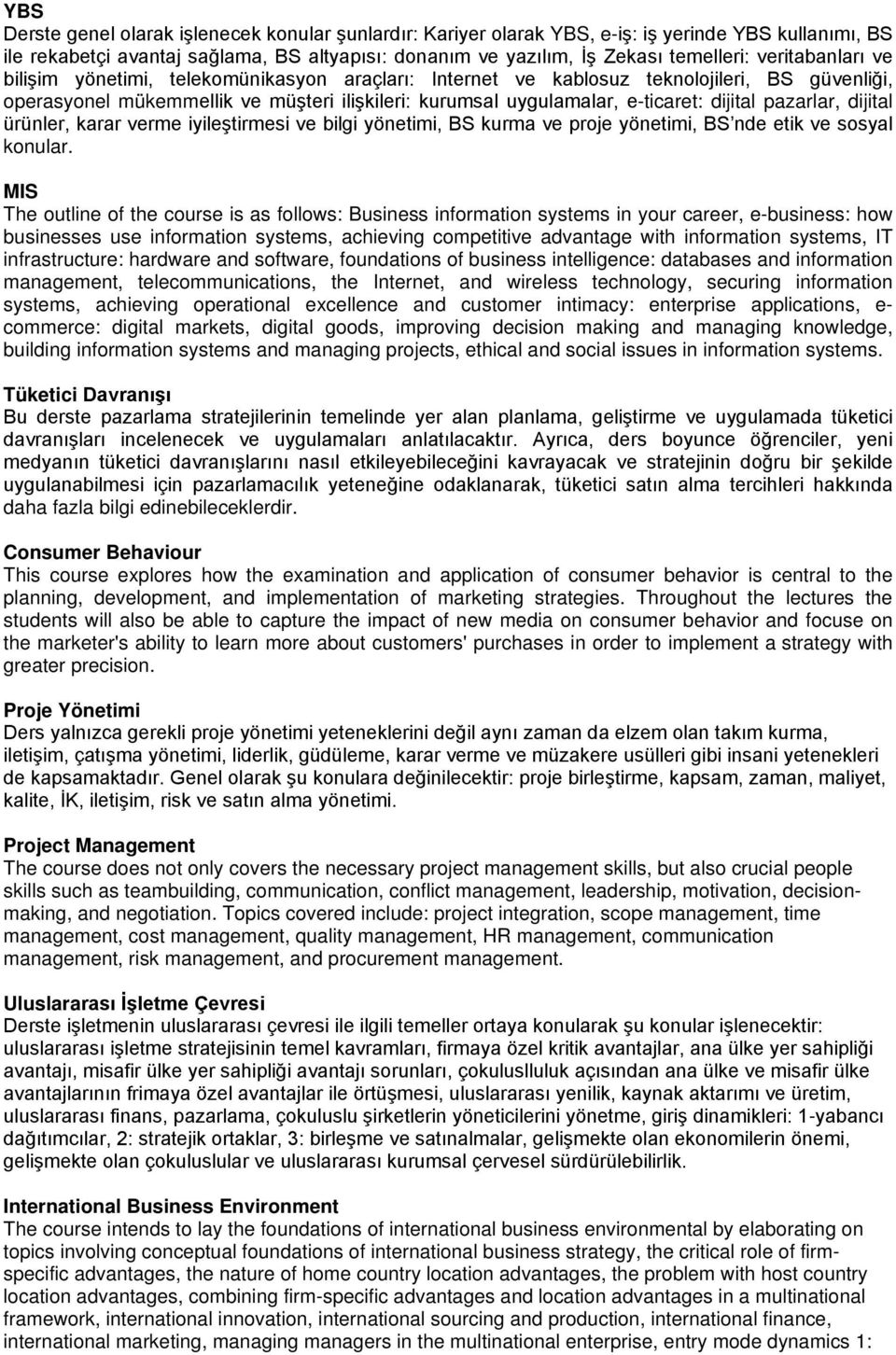 pazarlar, dijital ürünler, karar verme iyileştirmesi ve bilgi yönetimi, BS kurma ve proje yönetimi, BS nde etik ve sosyal konular.