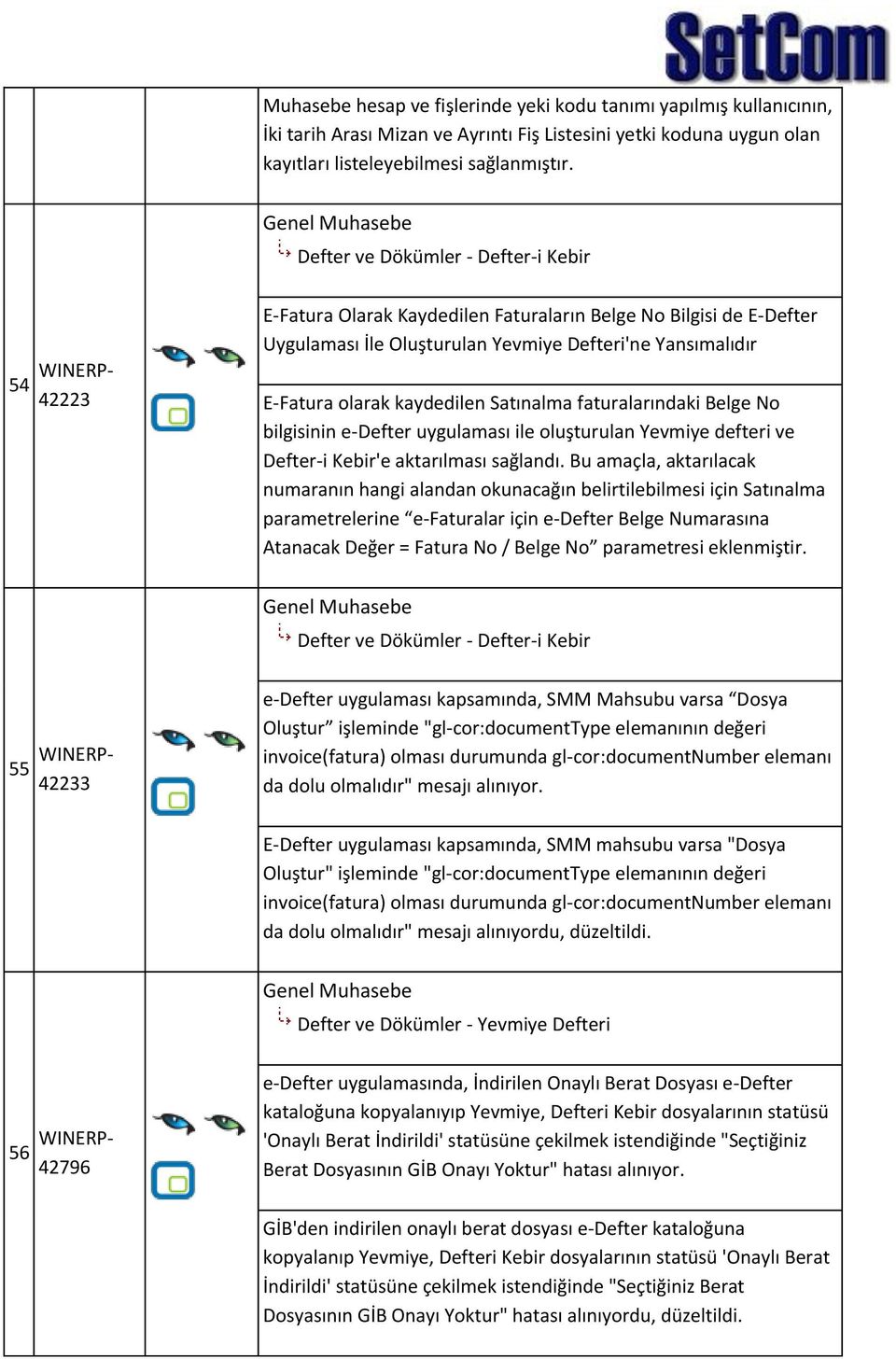 kaydedilen Satınalma faturalarındaki Belge No bilgisinin e-defter uygulaması ile oluşturulan Yevmiye defteri ve Defter-i Kebir'e aktarılması sağlandı.