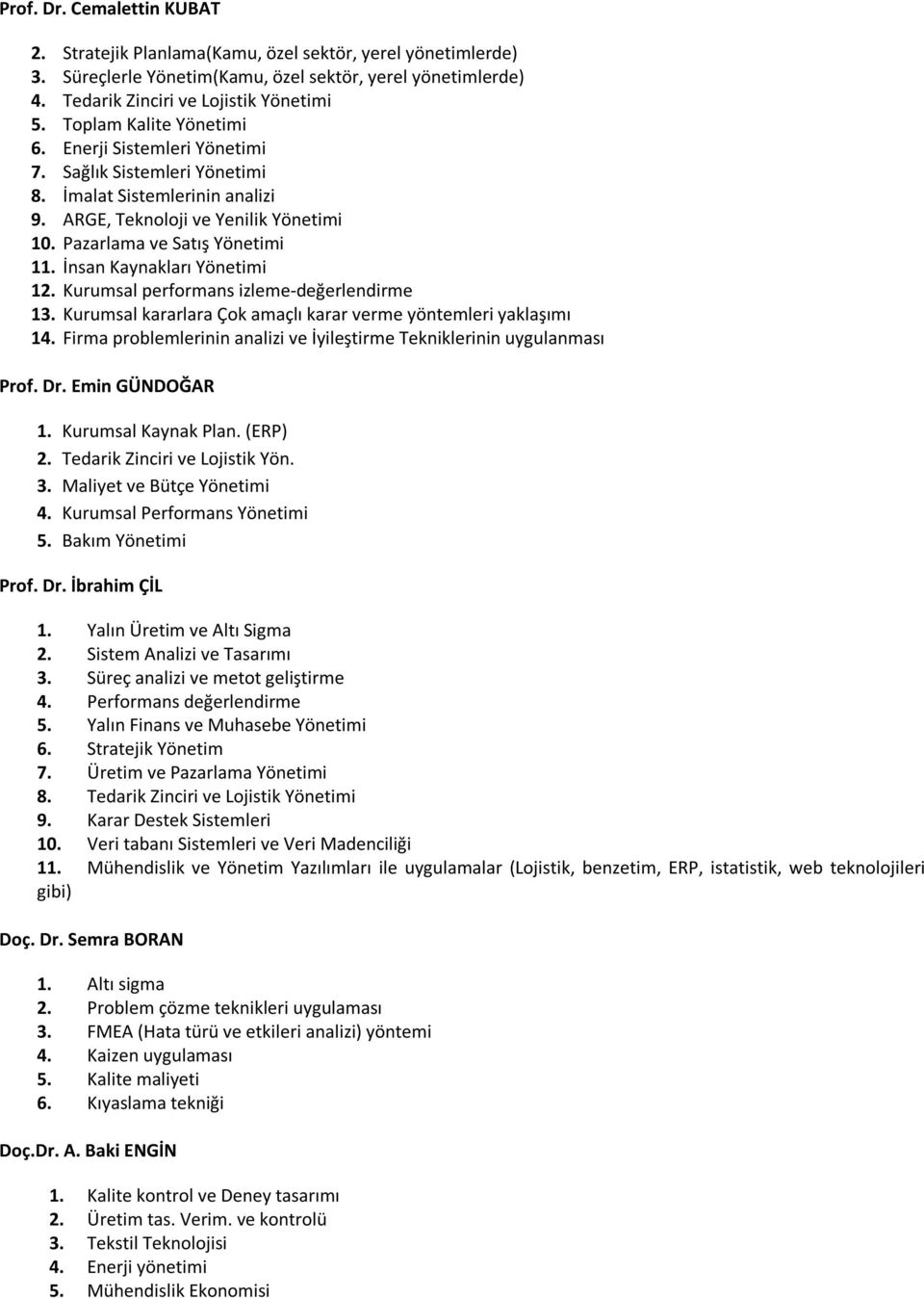 İnsan Kaynakları Yönetimi 12. Kurumsal performans izleme-değerlendirme 13. Kurumsal kararlara Çok amaçlı karar verme yöntemleri yaklaşımı 14.