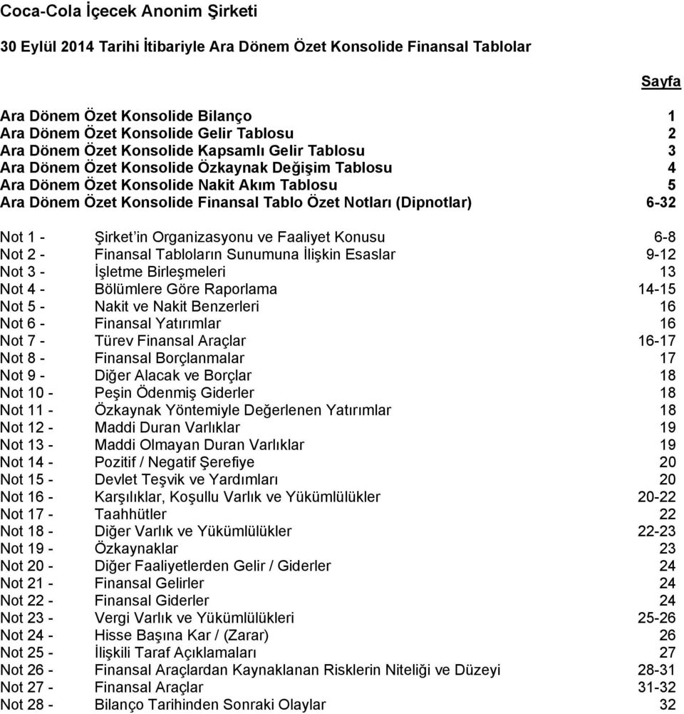 Not 2 - Finansal Tabloların Sunumuna İlişkin Esaslar 9-12 Not 3 - İşletme Birleşmeleri 13 Not 4 - Bölümlere Göre Raporlama 14-15 Not 5 - Nakit ve Nakit Benzerleri 16 Not 6 - Finansal Yatırımlar 16