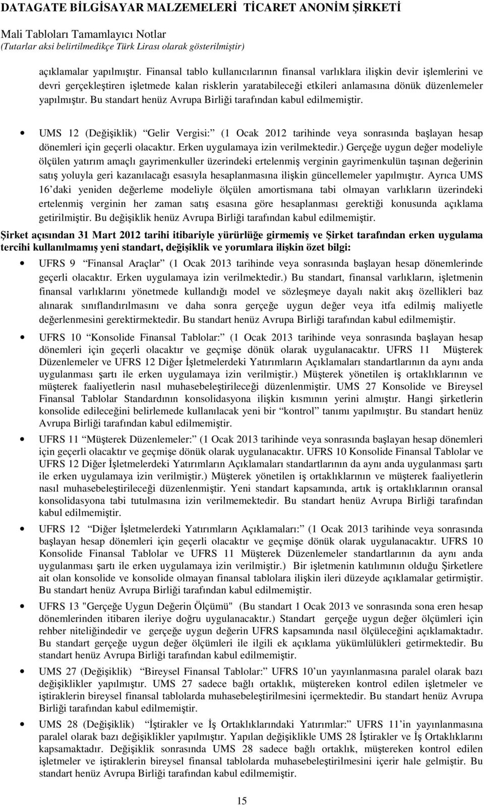 Bu standart henüz Avrupa Birliği tarafından kabul edilmemiştir. UMS 12 (Değişiklik) Gelir Vergisi: (1 Ocak 2012 tarihinde veya sonrasında başlayan hesap dönemleri için geçerli olacaktır.