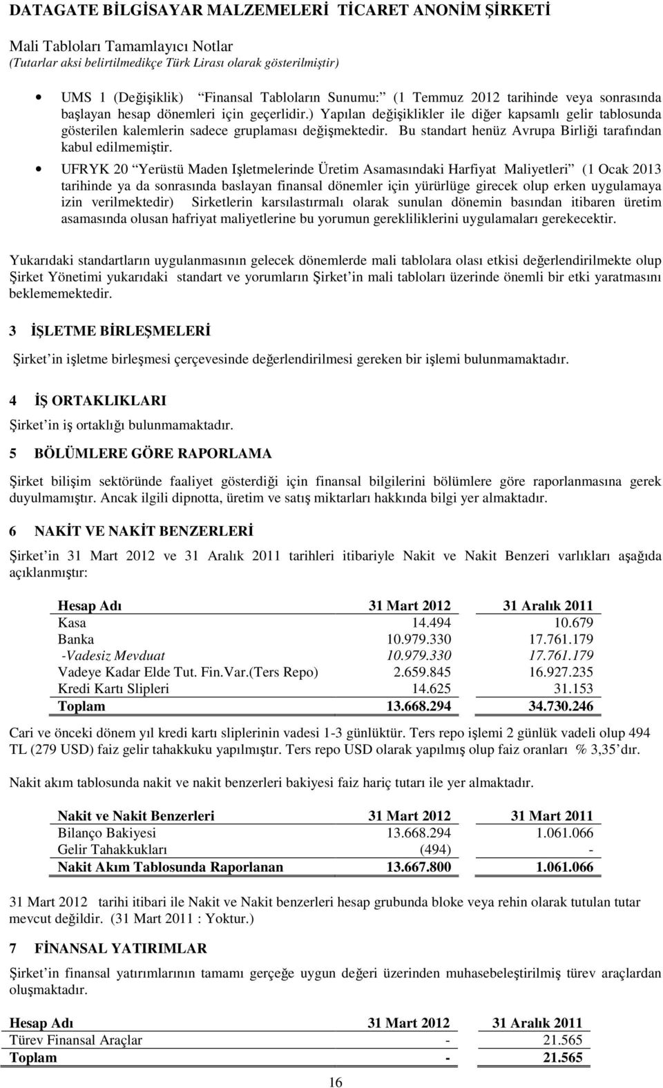 UFRYK 20 Yerüstü Maden Işletmelerinde Üretim Asamasındaki Harfiyat Maliyetleri (1 Ocak 2013 tarihinde ya da sonrasında baslayan finansal dönemler için yürürlüge girecek olup erken uygulamaya izin