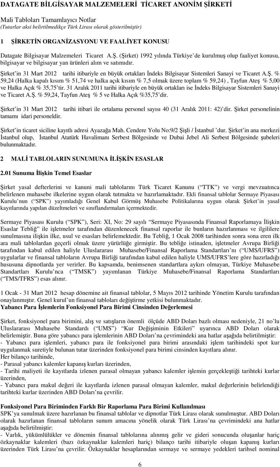 31 Aralık 2011 tarihi itibariyle en büyük ortakları ise İndeks Bilgisayar Sistemleri Sanayi ve Ticaret A.Ş. % 59,24, Tayfun Ateş % 5 ve Halka Açık %35,75 dir.