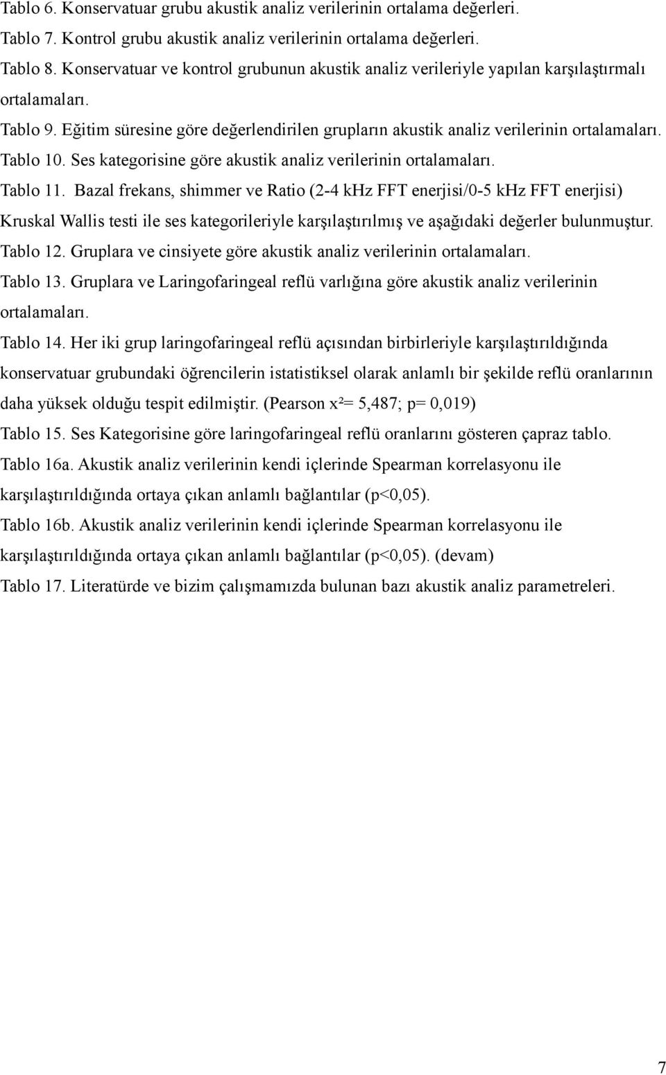 Tablo 10. Ses kategorisine göre akustik analiz verilerinin ortalamaları. Tablo 11.