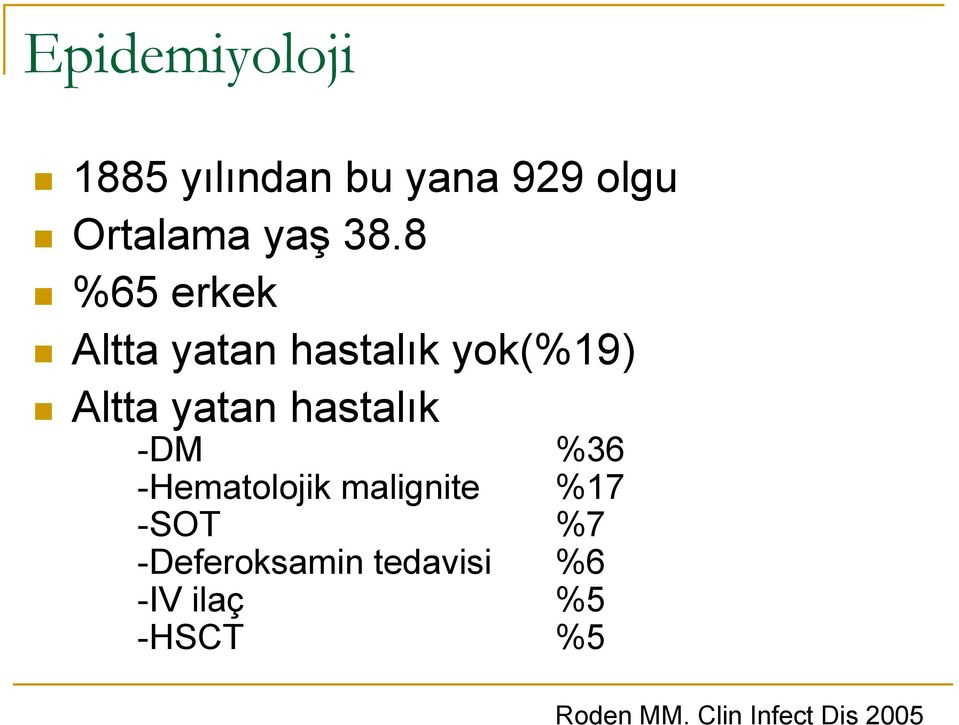 hastalık -DM %36 -Hematolojik malignite %17 -SOT %7