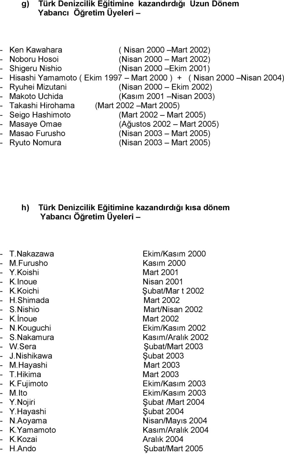 Hashimoto (Mart 2002 Mart 2005) - Masaye Omae (Ağustos 2002 Mart 2005) - Masao Furusho (Nisan 2003 Mart 2005) - Ryuto Nomura (Nisan 2003 Mart 2005) h) Türk Denizcilik Eğitimine kazandırdığı kısa
